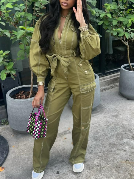 Zip-Front Tied Cargo Jumpsuit