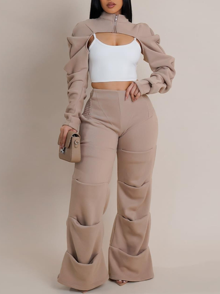 Zip-Front Ruched Crop Top & Pants Set
