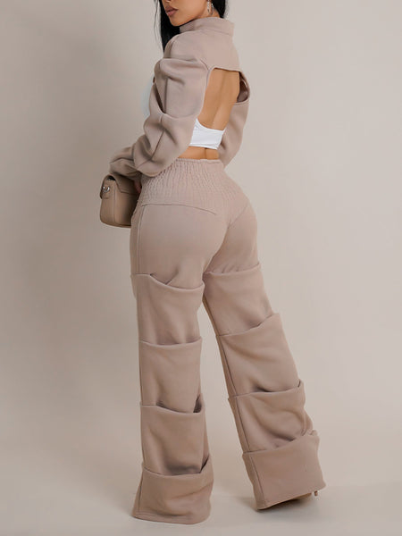 Zip-Front Ruched Crop Top & Pants Set