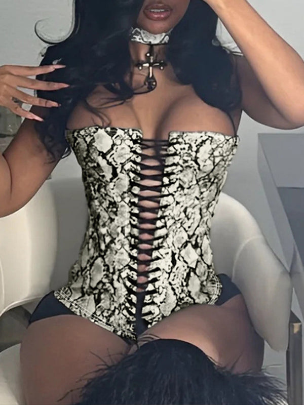 Printed Faux-Leather Lace-Up Corset Top