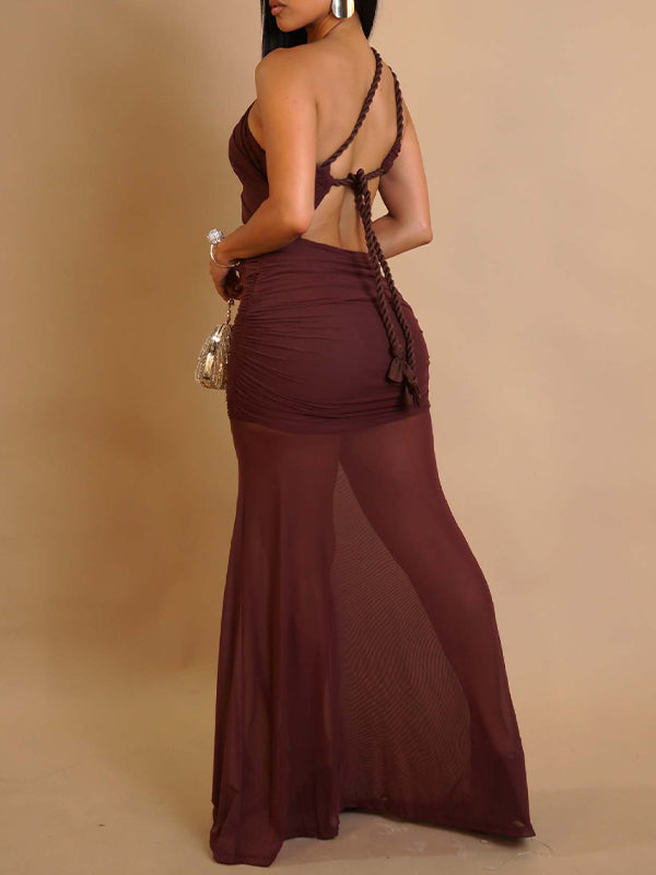 One-Shoulder Sheer-Combo Maxi Dress