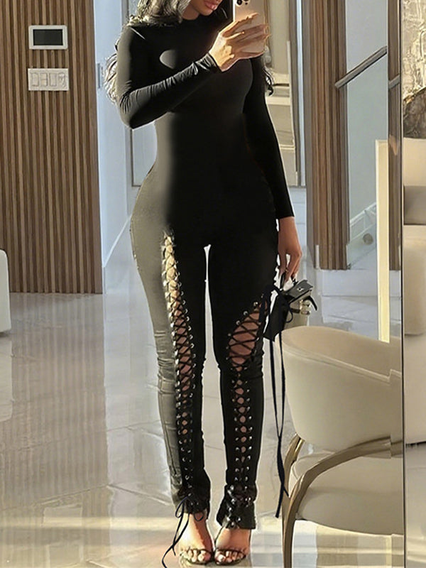 Solid Lace-Up Skinny Jumpsuit