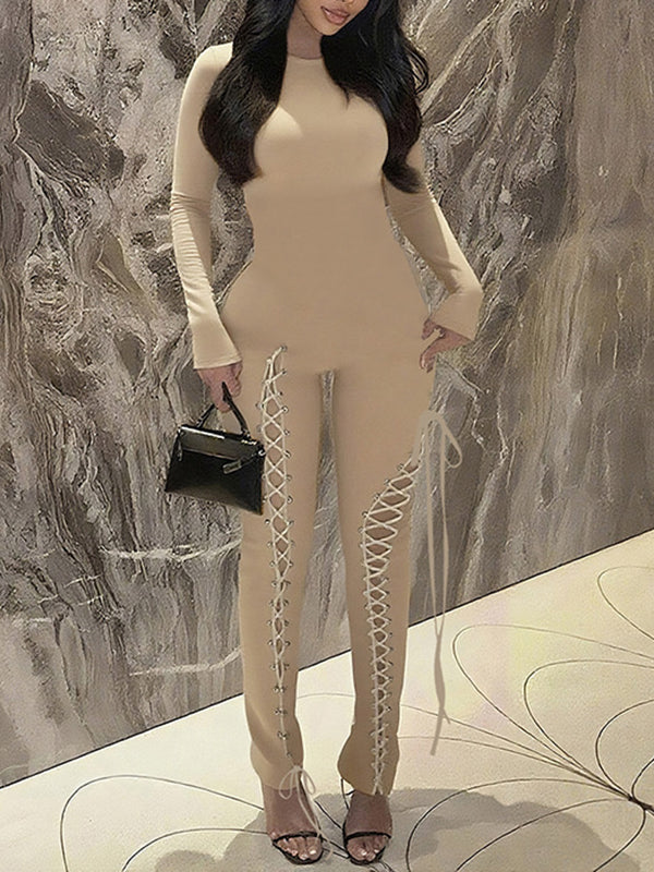 Solid Lace-Up Skinny Jumpsuit