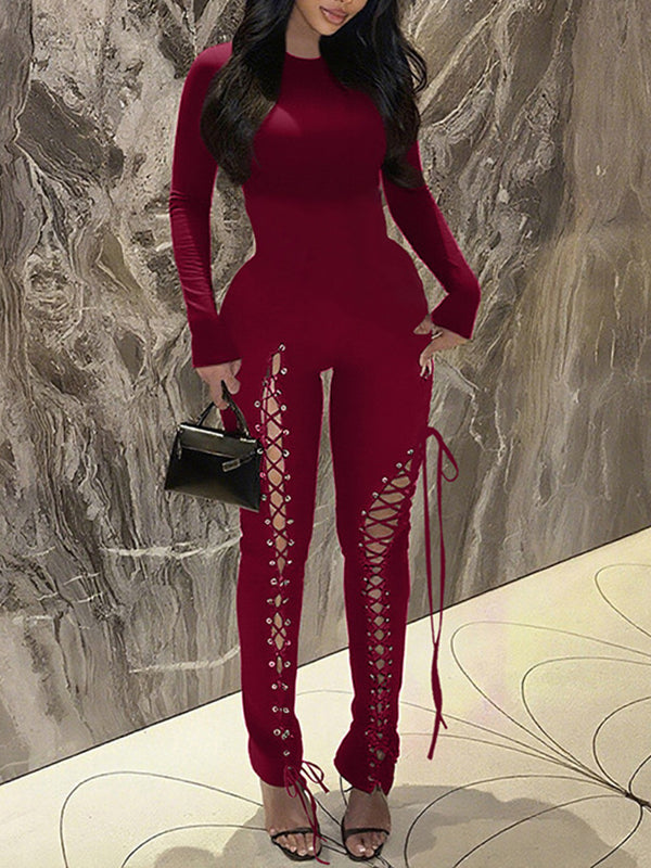 Solid Lace-Up Skinny Jumpsuit