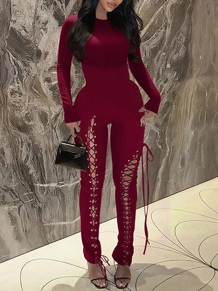 Solid Lace-Up Skinny Jumpsuit