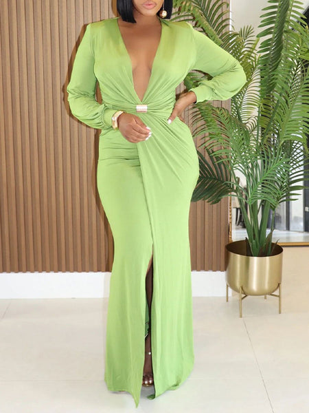 Solid Plunge Slit Maxi Dress