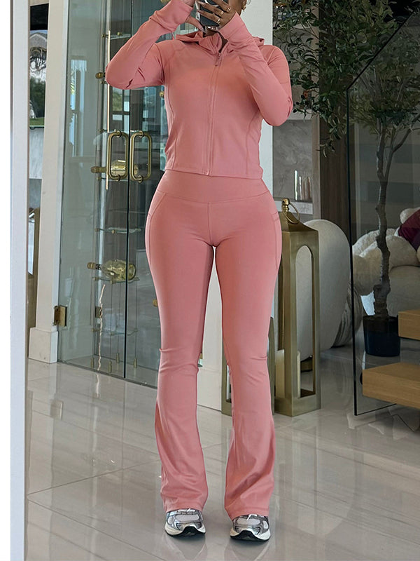 Solid Zip Hoodie & Flared Pants Set