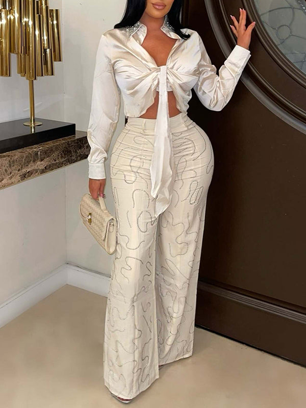 Satin Tied Shirt & Wide-Leg Pants Set
