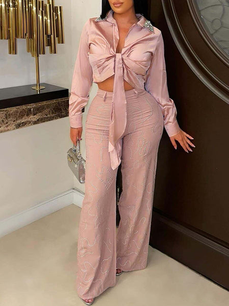 Satin Tied Shirt & Wide-Leg Pants Set