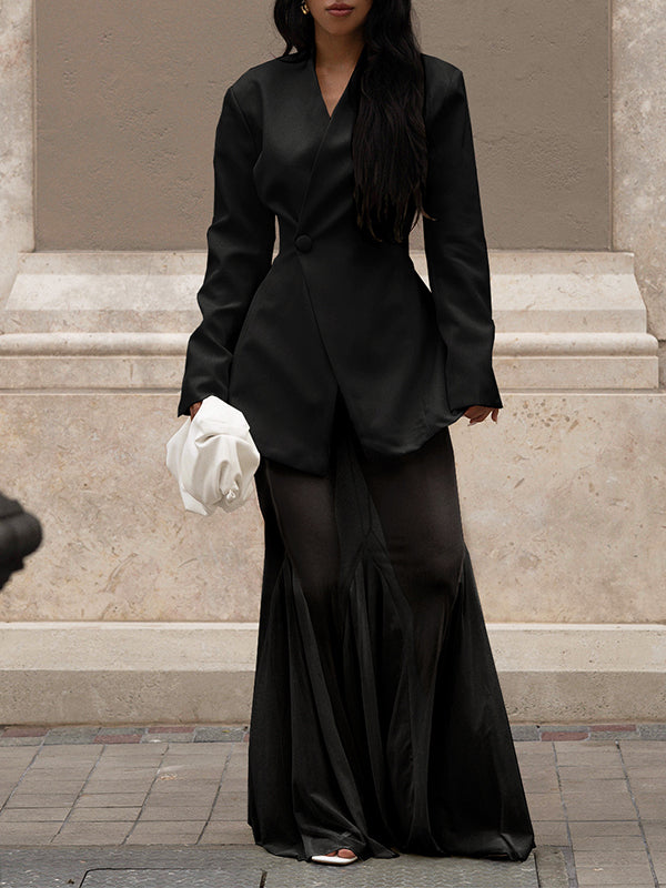 Solid Blazer & Sheer Skirt Set