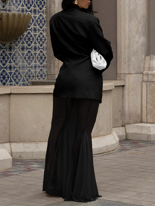 Solid Blazer & Sheer Skirt Set