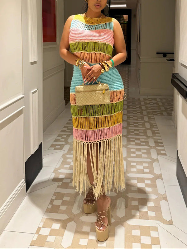 Colorblock Fringe Sleeveless Dress