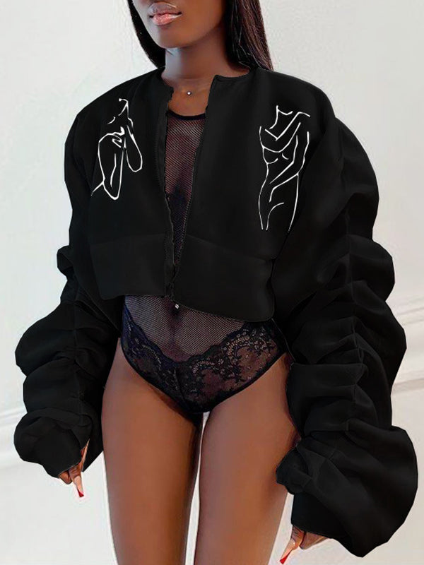 Ruched-Sleeve Zip-Front Jacket