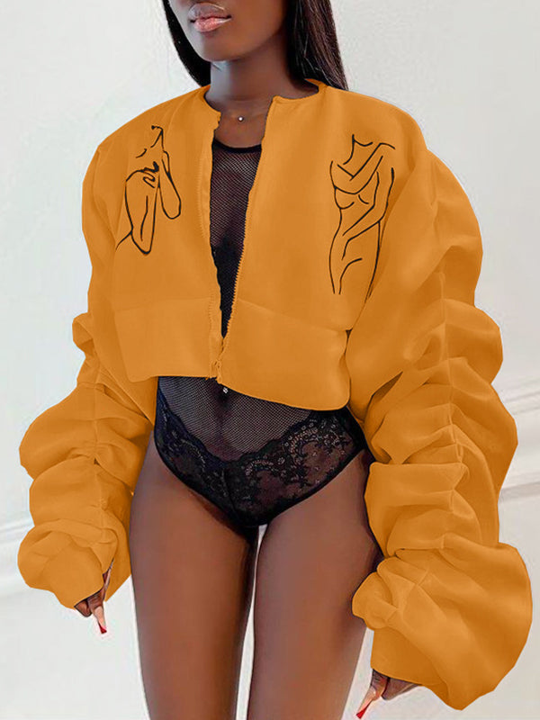Ruched-Sleeve Zip-Front Jacket