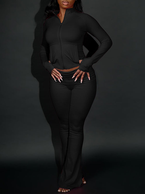 Solid Zip-Front Jacket & Flared Pants Set