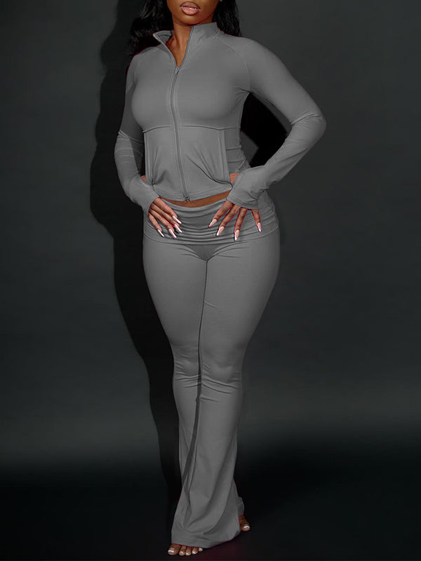 Solid Zip-Front Jacket & Flared Pants Set
