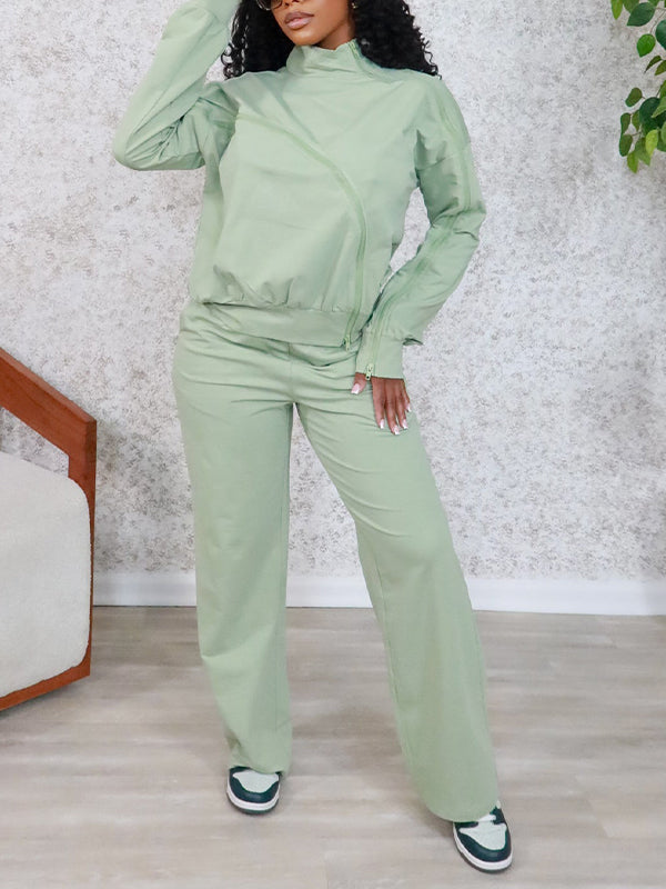 Solid Zip Sweatshirt & Pants Set