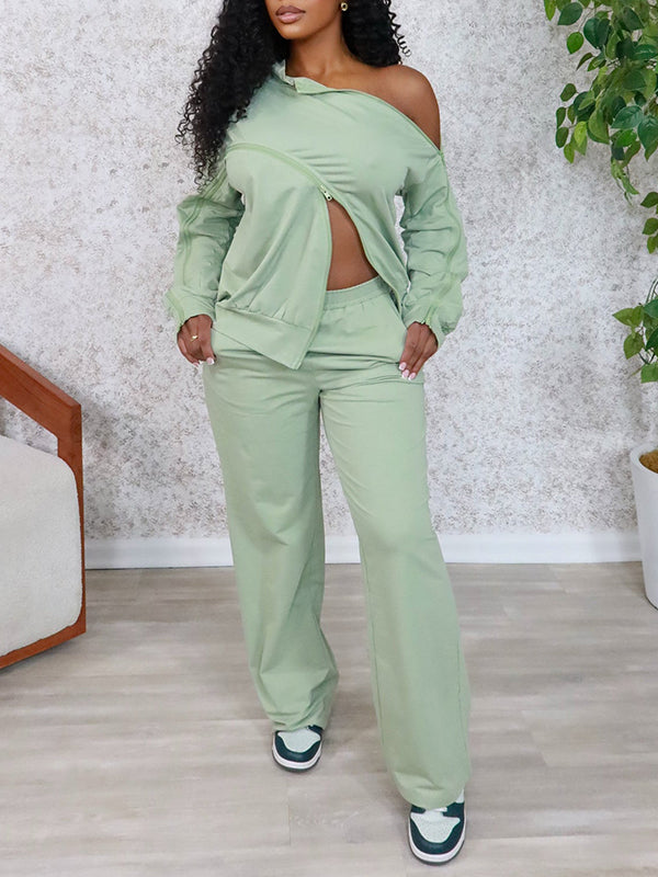Solid Zip Sweatshirt & Pants Set