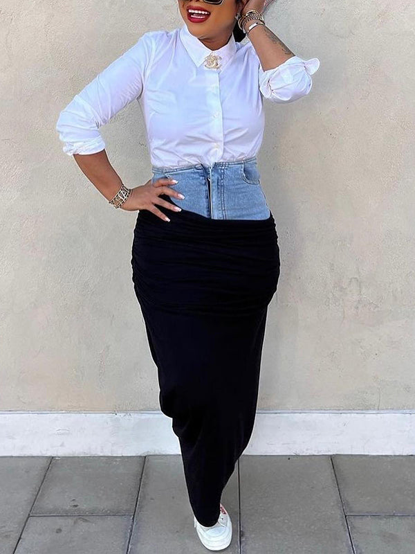 Denim Combo Ruched Skirt
