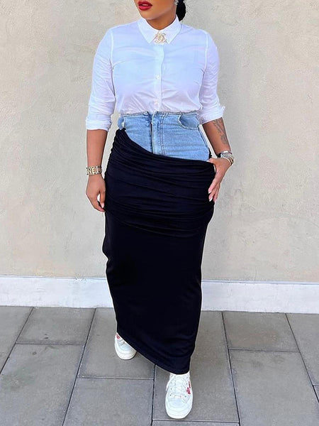 Denim Combo Ruched Skirt