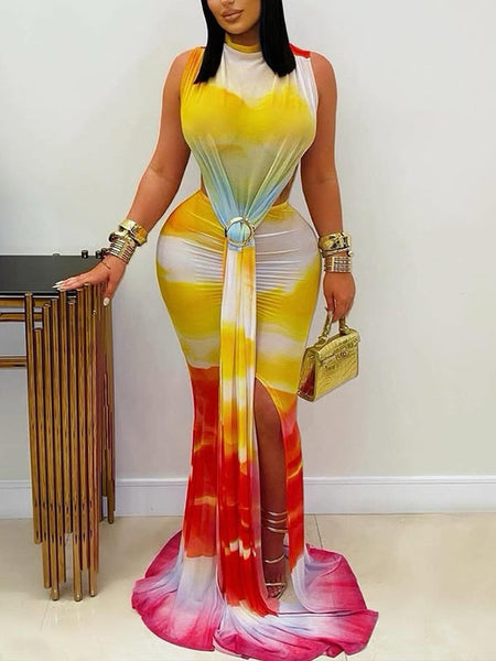 Printed Draped Sleeveless Maxi Dress