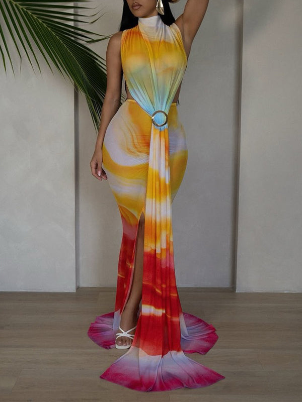 Printed Draped Sleeveless Maxi Dress