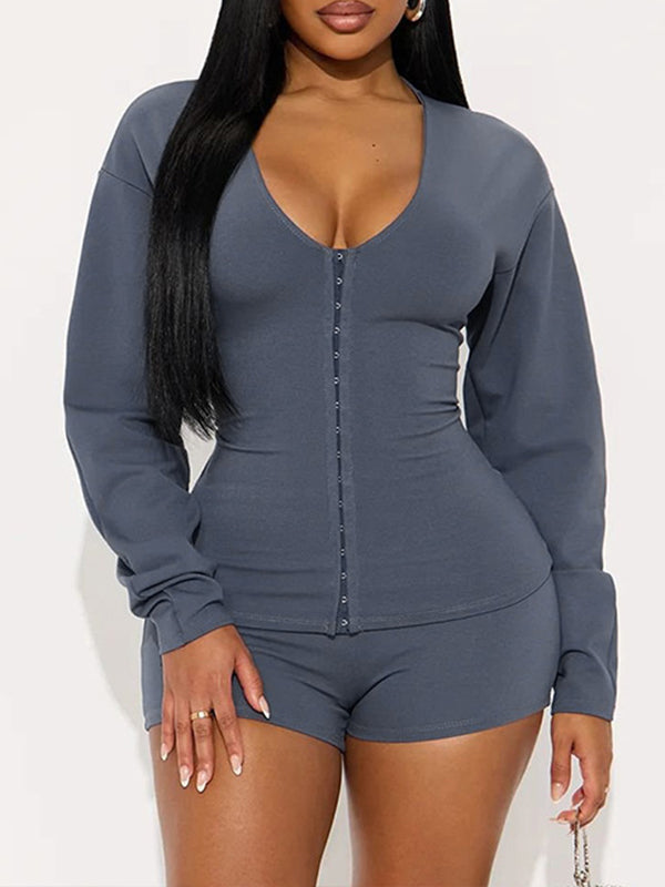 Solid V-Neck Top & Shorts Set