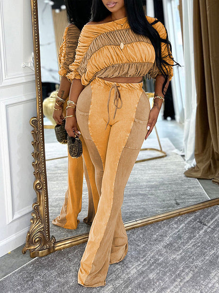 Wash Boat-Neck Ruched Top & Pants Set