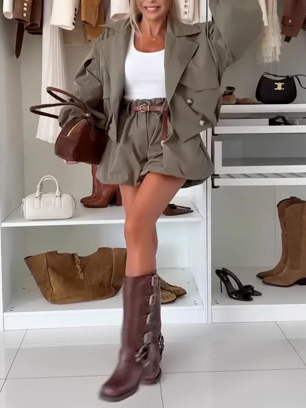 Solid Short Trench & Bubble Skirt Set