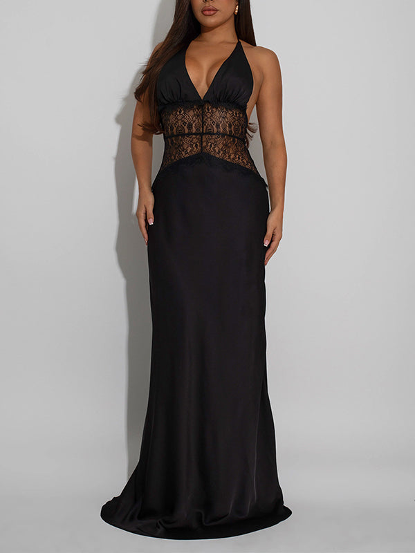 Lace-Combo Halter Maxi Dress
