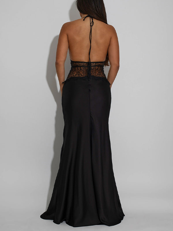 Lace-Combo Halter Maxi Dress