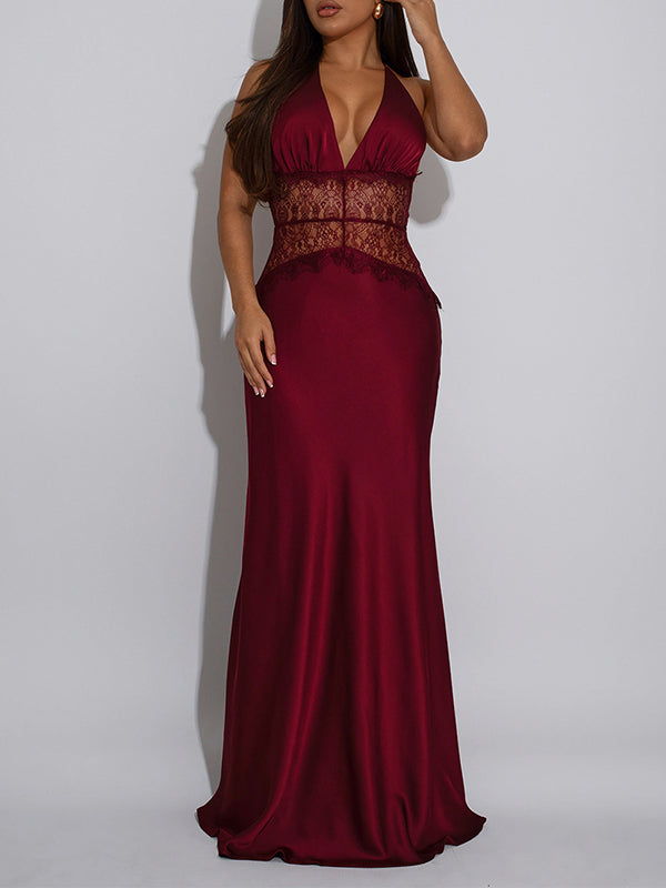 Lace-Combo Halter Maxi Dress