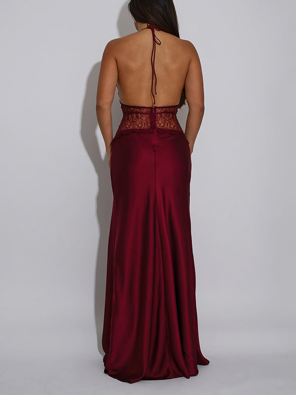 Lace-Combo Halter Maxi Dress