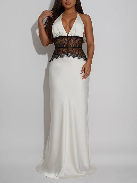 Lace-Combo Halter Maxi Dress