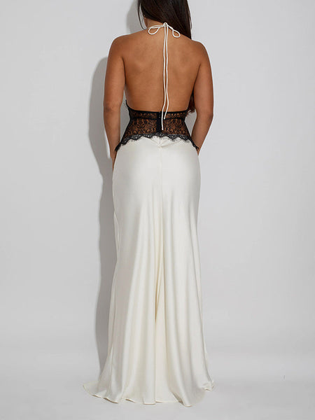 Lace-Combo Halter Maxi Dress