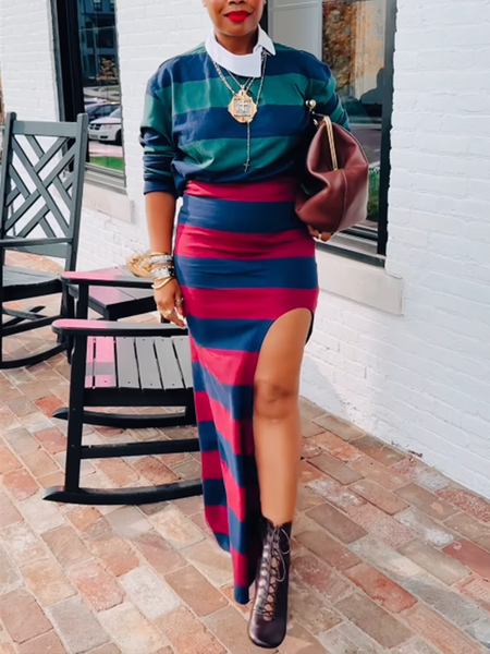 Stripe Polo Top & Slit Skirt Set