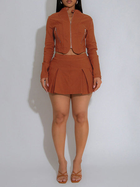 Solid Zip-Front Jacket & Skirt Set