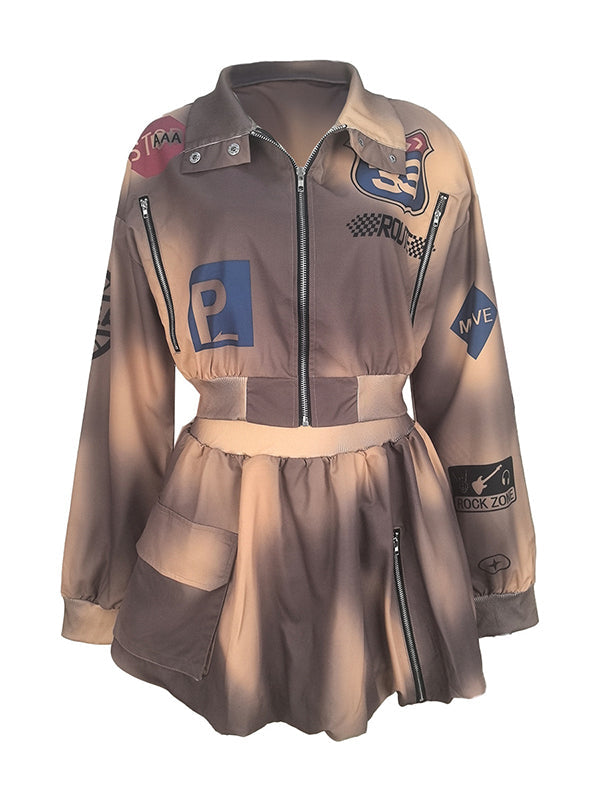 Printed Zip-Front Jacket & Skirt Set