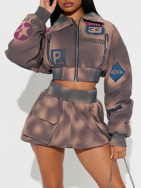 Printed Zip-Front Jacket & Skirt Set