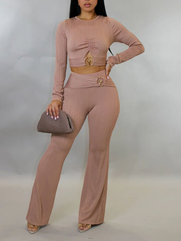 Solid Ribbed Pants Set