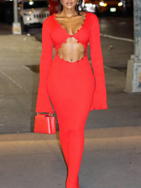 Knit V-Neck Cutout Maxi Dress