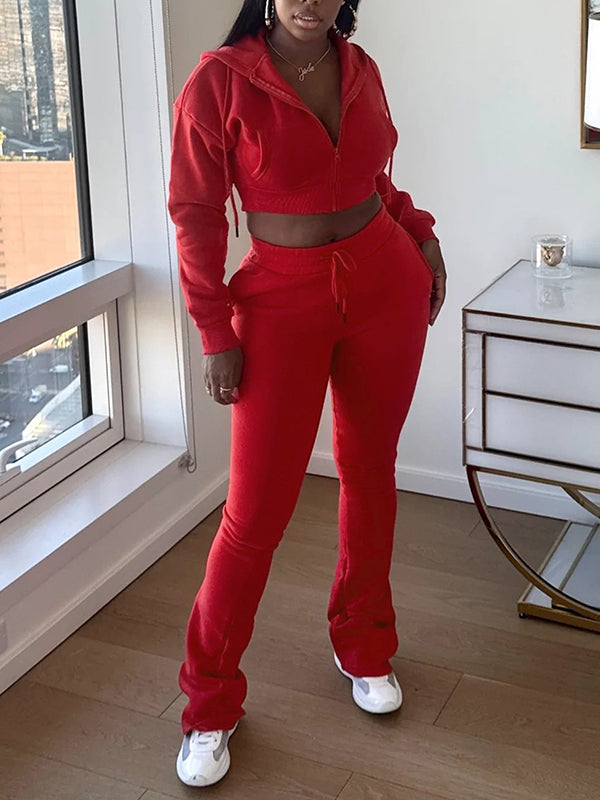 Solid Zip-Front Hoodie & Pants Set