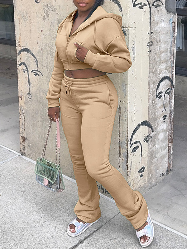 Solid Zip-Front Hoodie & Pants Set