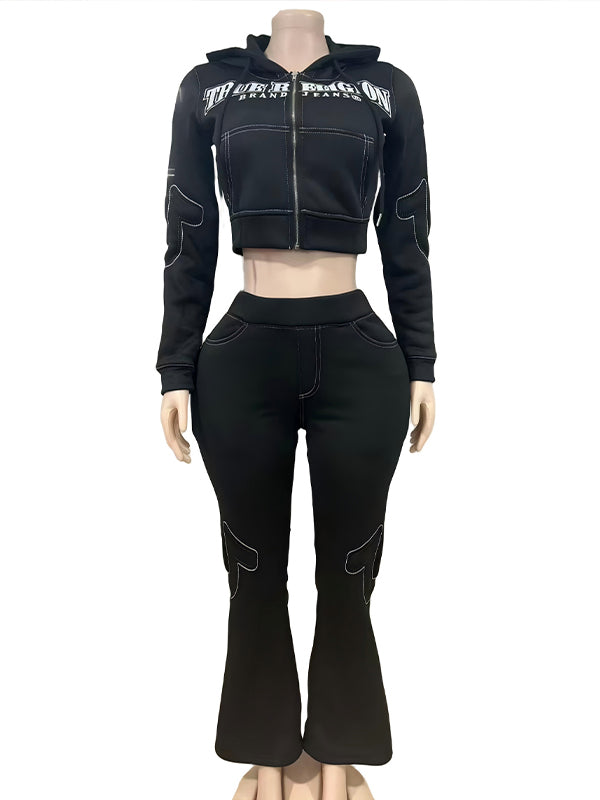 Embroidery Zip-Front Hoodie & Pants Set