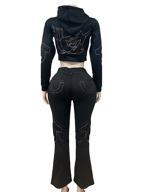 Embroidery Zip-Front Hoodie & Pants Set