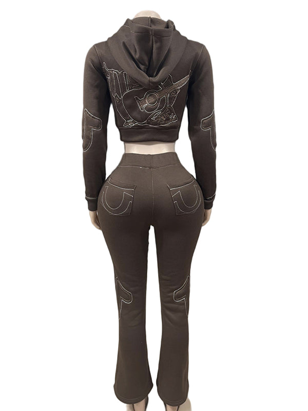 Embroidery Zip-Front Hoodie & Pants Set