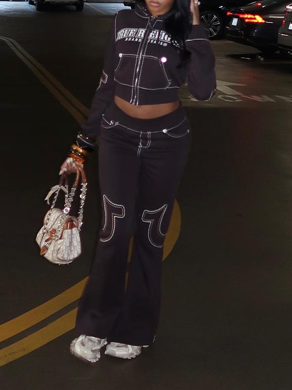 Embroidery Zip-Front Hoodie & Pants Set
