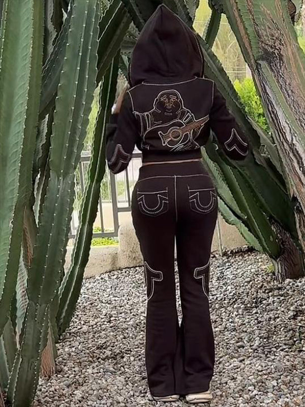 Embroidery Zip-Front Hoodie & Pants Set