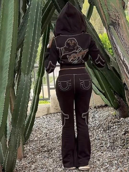 Embroidery Zip-Front Hoodie & Pants Set