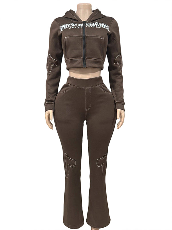 Embroidery Zip-Front Hoodie & Pants Set